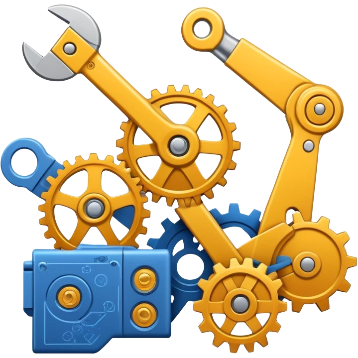 An icon featuring gears, a wrench, and a blueprint, symbolizing engineering. The design includes a mechanical arm, circuit boards, and construction tools, representing innovation, problem-solving, and technological advancement. Transparent background highlights the science of design emoji