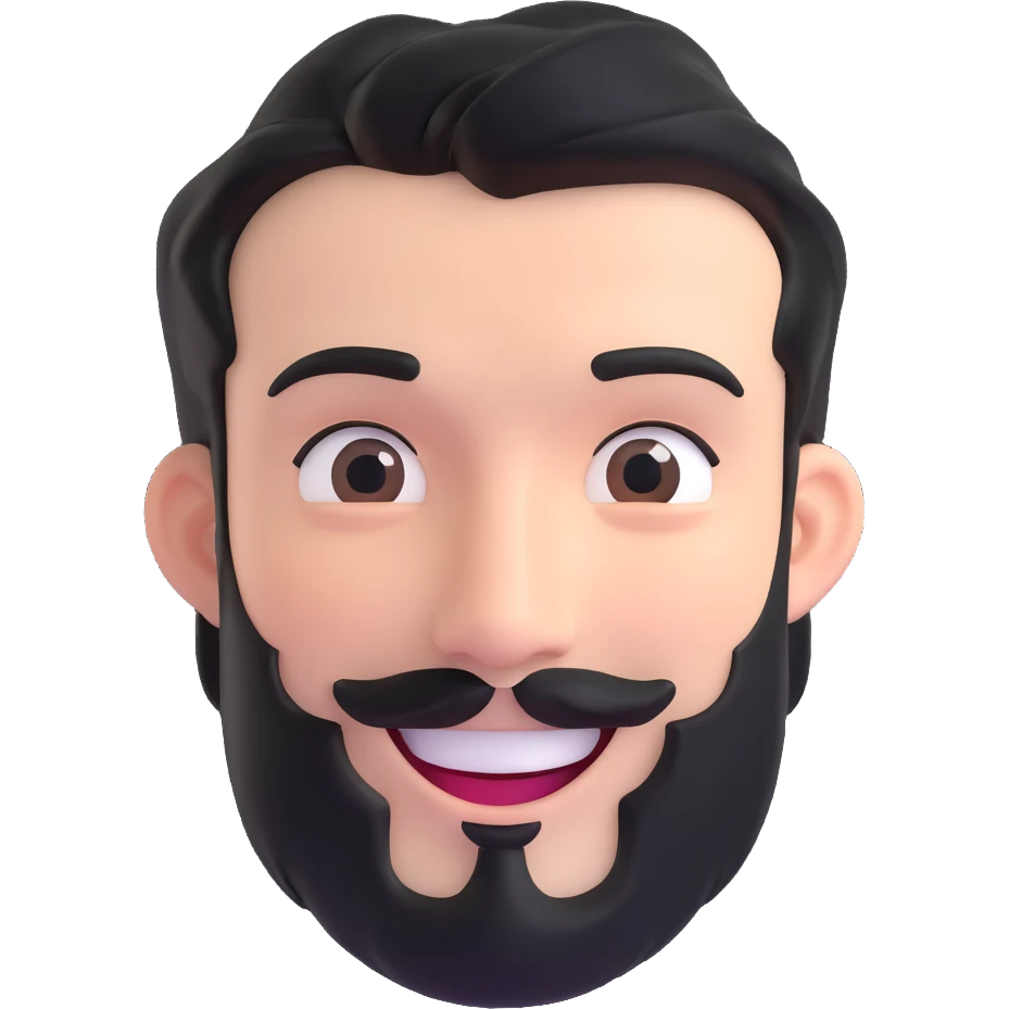 male face with black hair, stubbly beard, white skin, smiling emoji