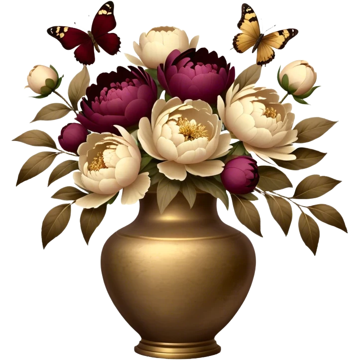 A weathered brass vase holds lush beige peonies, surrounded by scattered burgundy petals. Brown butterflies hover above, bathed in warm, antique light. emoji