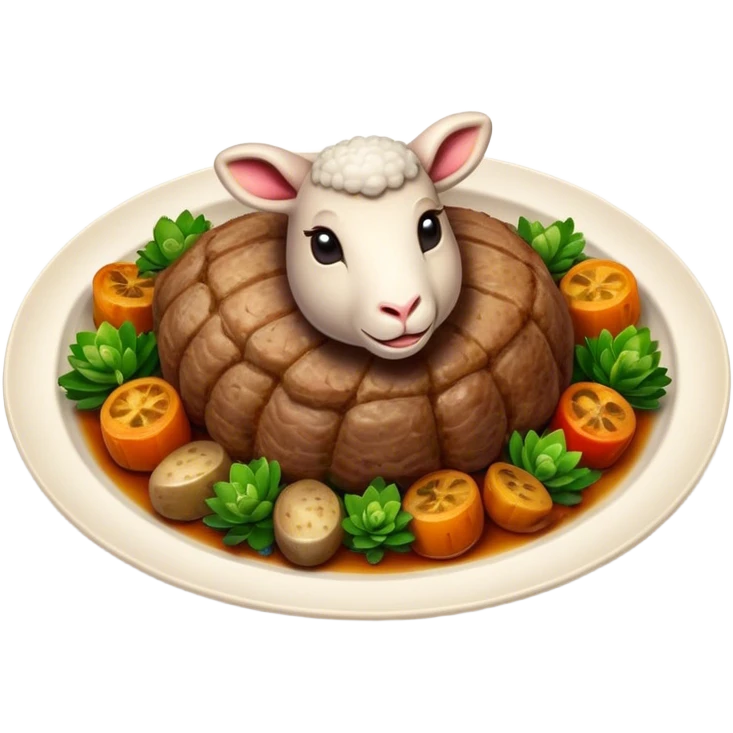 Cinematic Realistic Roast Lamb Dish Emoji, depicted with tender, succulent lamb roasted to perfection and served with seasonal vegetables, rendered with rich textures and inviting warm lighting that captures its traditional heritage. emoji