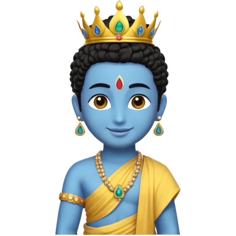 Create a Jesus, Krishna, and Buddha standing together. Krishna: bright blue skin, black curly hair tied in a small topknot, a tiny golden crown decorated with a peacock feather, wearing a yellow dhoti and light golden jewelry

 emoji