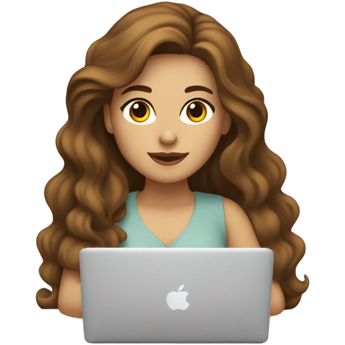 a woman with brown long wavy hair and brown eyes and white skin with macbook emoji