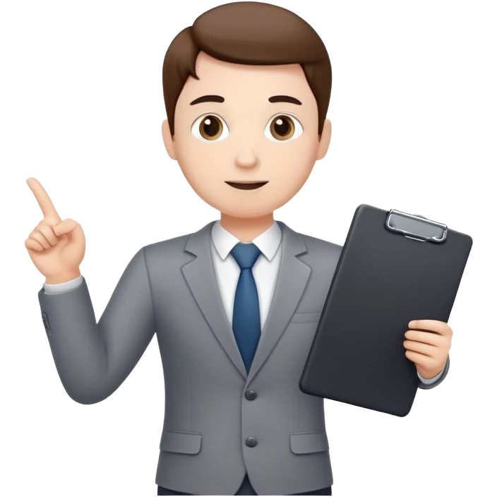 professional character standing and gesturing with one hand, while holding a clipboard or tablet in the other. The character wears smart casual business attire. Clean cartoon style, white background, iOS emoji aesthetic. emoji