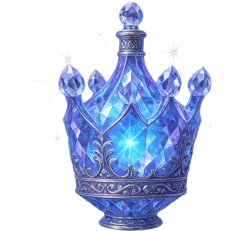 luxurious crystal elixir bottle shaped like a crown that also functions as a bottle, color #7986cb, multi-layered holographic and silver filigree, intricate crystal texture, magical glowing and sparkling effects, radiant light beams, very small neck, seamless ornate bottom, transparent background, bottle clearly floating in air, no base or shadow, not standing, modern, collection style, extremely beautiful and refined emoji