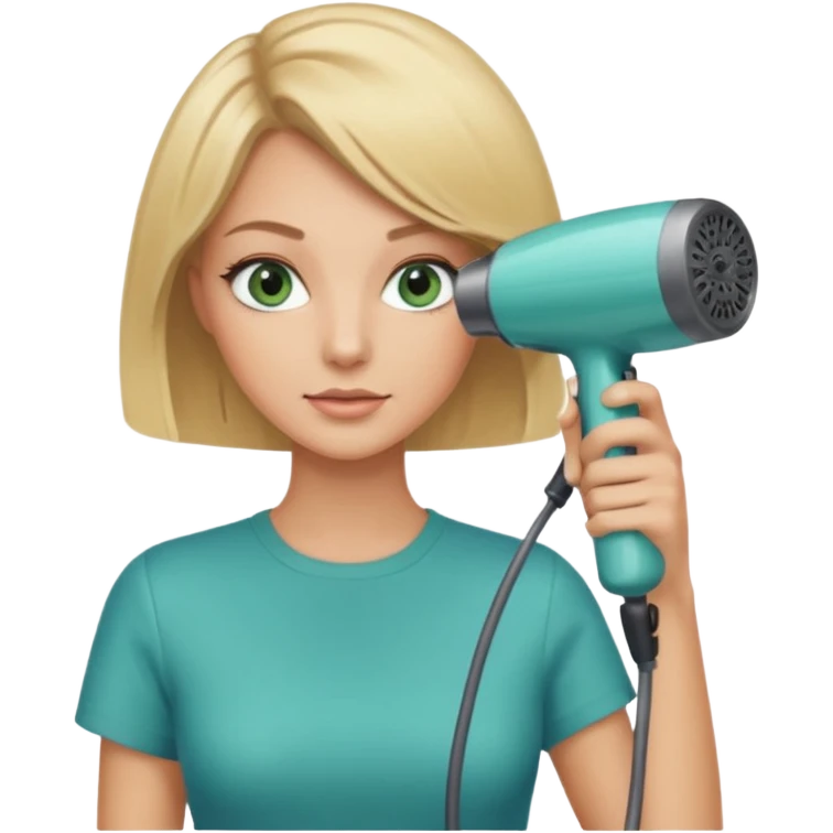 Blonde bob girl hair stylist with blue green eyes holding a hair dryer emoji