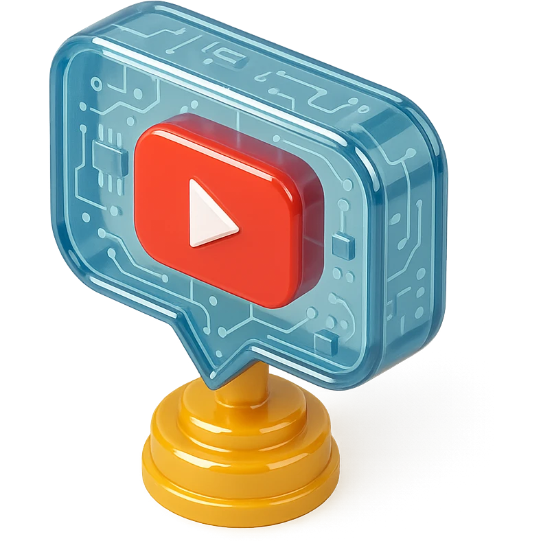 speech bubble with a red YouTube play button, like a trophy, glossy circuit style emoji