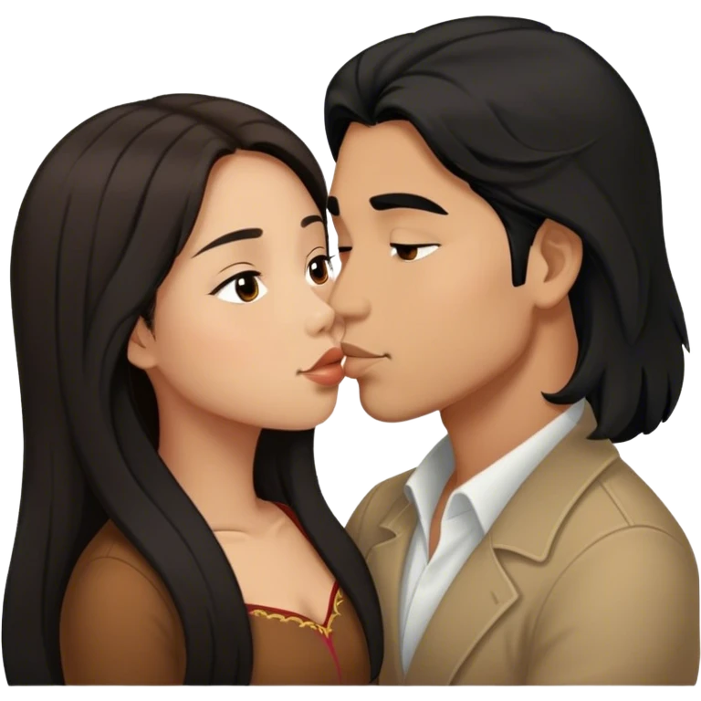Latino man with long black hair kissing brown hair Filipina emoji