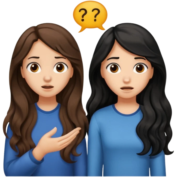 

 
Two girls are talking; one girl who have a ling wayv brown hair looks confused with question , while the other girl with long black hair explains something.  emoji