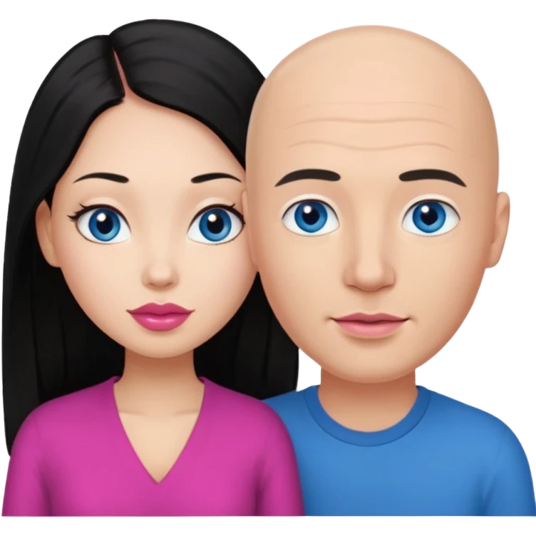 Bald white man blue eyes in love with Filipina woman with long hair and dark brown eyes and pink lips emoji