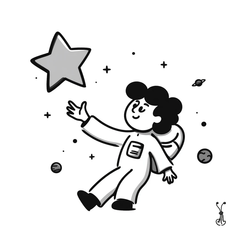 A hand-drawn whimsical space scene with stars and planets emoji