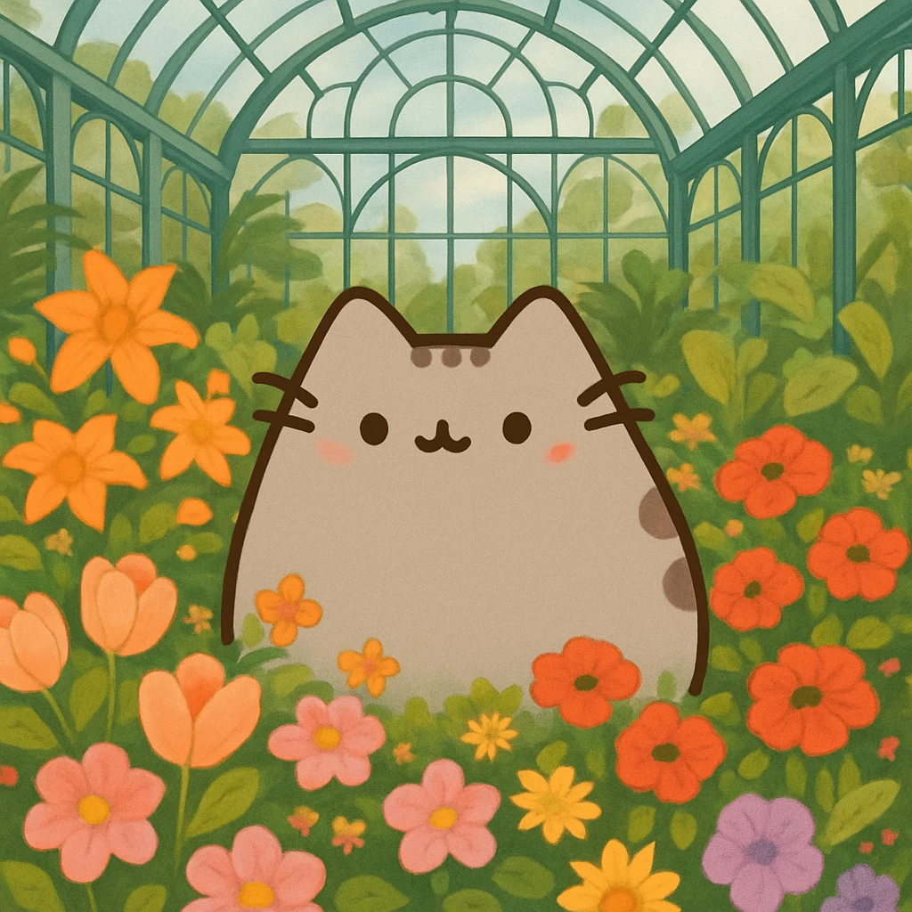 pusheen cat surrounded by flowers in a botanical garden greenhouse emoji