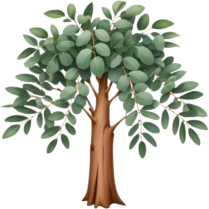 Cinematic Realistic Eucalyptus Emoji, Tall and graceful, with slender trunks covered in smooth, peeling bark and large, fragrant leaves. The eucalyptus trees sway gently in the breeze, releasing a calming aroma that fills the air. Soft glowing outline, capturing the essence of rugged beauty and natural serenity in a tall eucalyptus tree! emoji