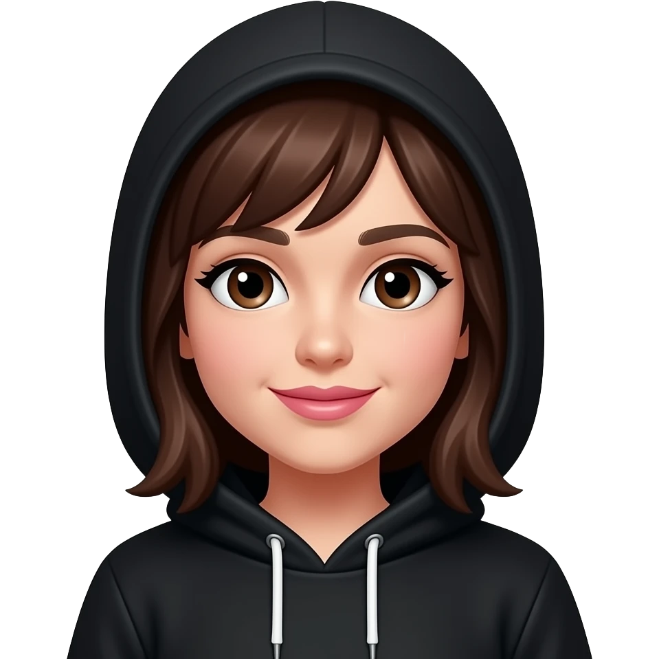 Hnědé rovné vlasy hnědé hoden tmavě hnědé oči růžová pusa černé oblečení teď to dej ještě tak aby bylo poznat že to je amoji z klávesnice a ne vytvoreno ai prosím emoji