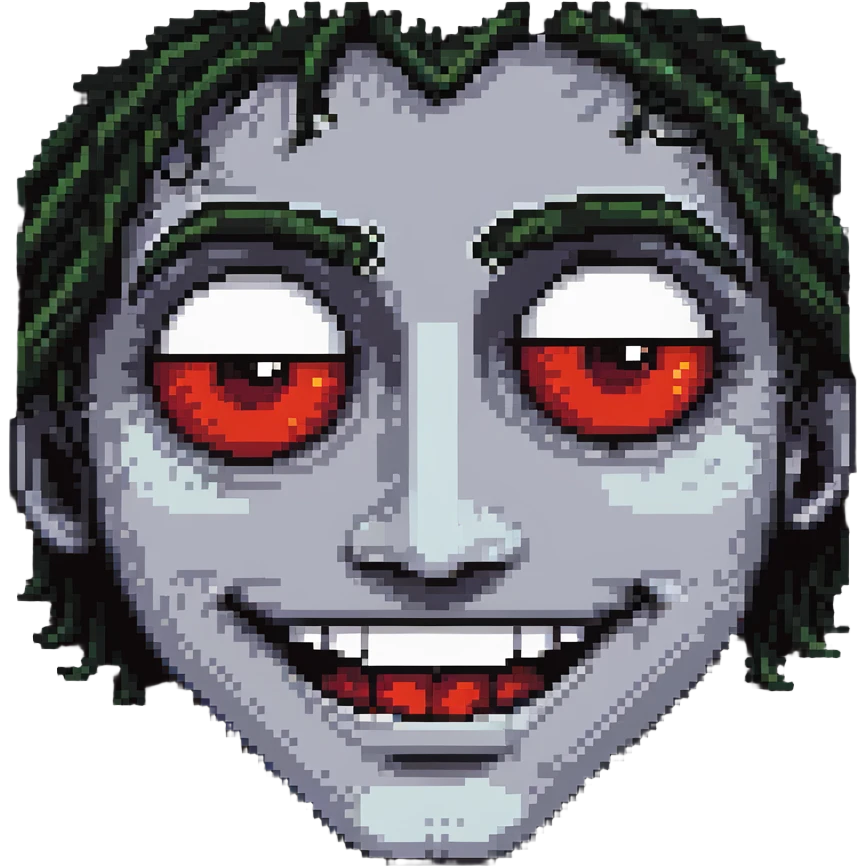 A pixelated face with droopy eyelids, bloodshot eyes, and a blissful smile - looking high and stoned emoji