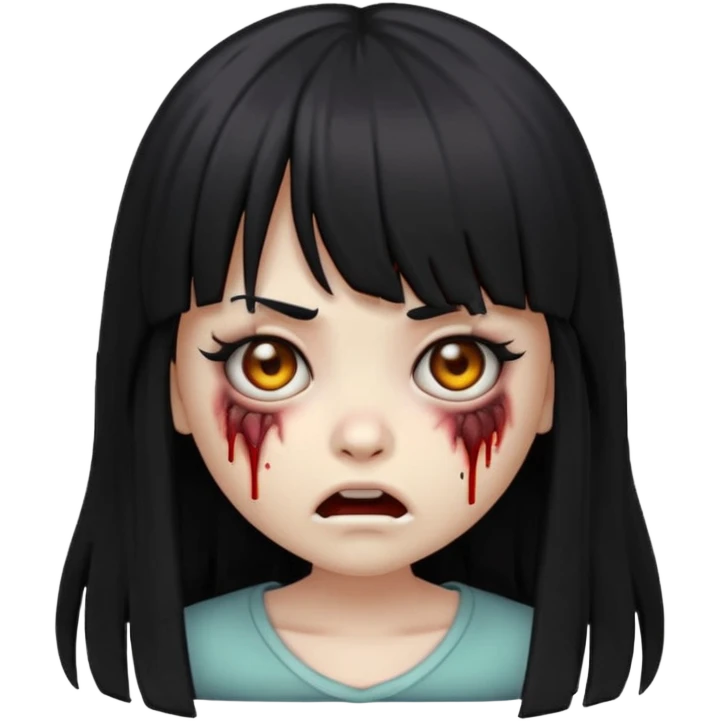 scary expression zombie girl emoji with black eyes, long black hair and bangs emoji