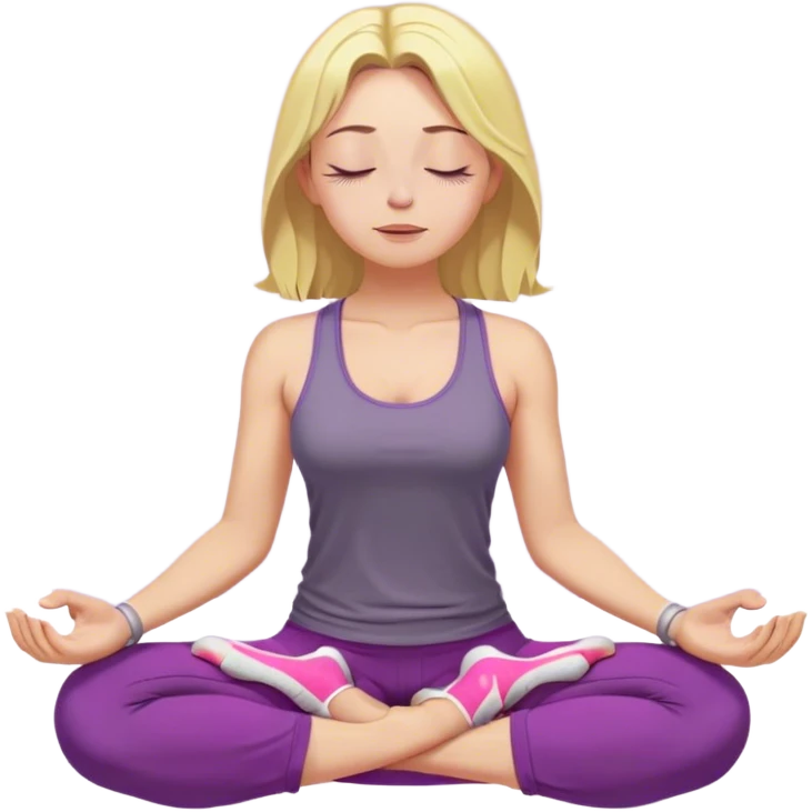 yellow-skinned woman sitting in a cross-legged meditation pose. She has shoulder-length blonde hair and wears a purple tank top, gray pants, and pink shoes. Her eyes are closed, and she has a peaceful, relaxed expression. Her hands rest on her knees with her fingers forming a meditation mudra emoji