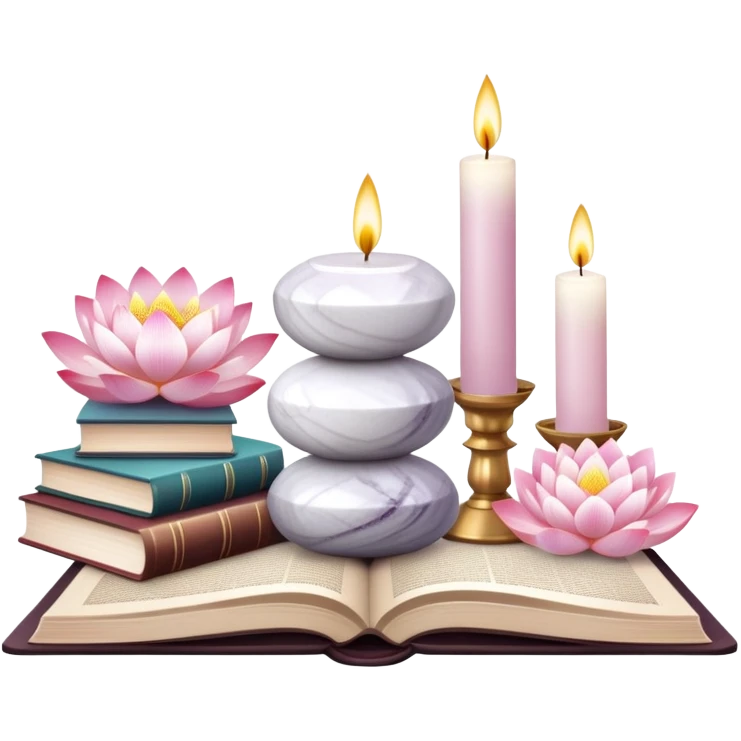 Aesthetic candles, flower petals, books, marble stand, crystal stones, lotus, feathers, zen, decoration, meditation,  emoji