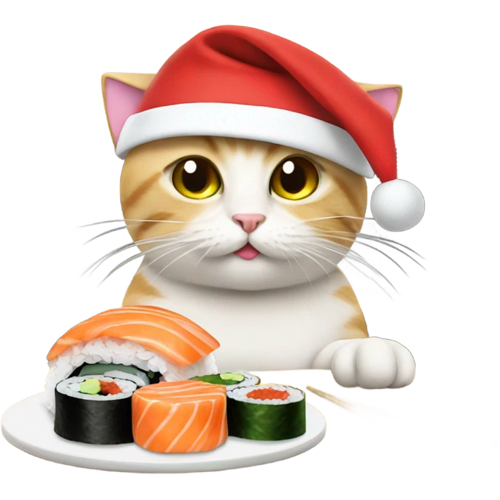 cat wearing a santa hat and eating sushi emoji