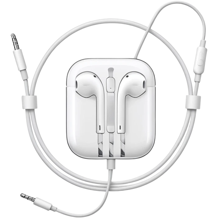 Just white wired Apple EarPods coiled in a circle, no case whatsoever, only the earbuds with the cord wrapped into a neat circle, minimalist iOS style, showing the earbuds and wire only emoji