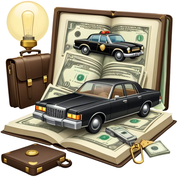 Icon for Action & Crime Reading: an open book with dramatic crime scenes—bullet holes on pages, a detective badge, a revolver, and a getaway car. Surrounding elements include a briefcase with cash and a flickering streetlight. Transparent background. emoji