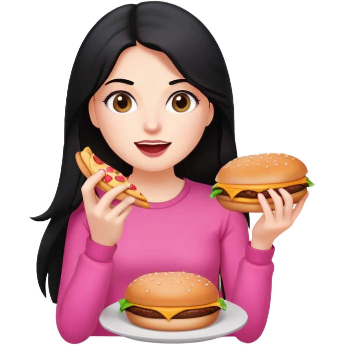White girl in pink clothes and long black hair eating burger and pizza emoji