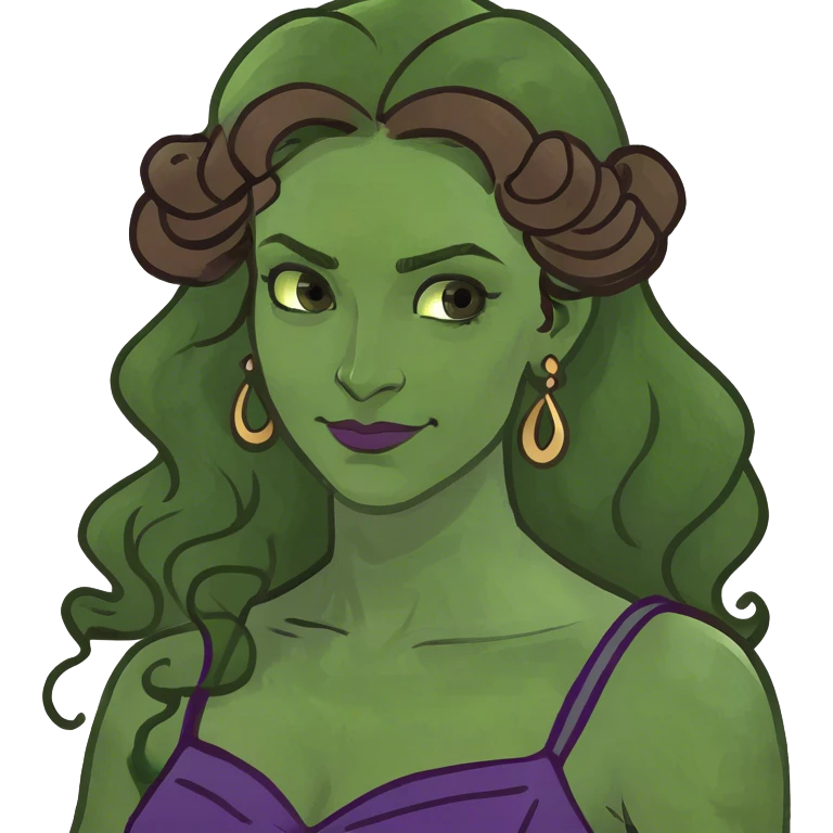 Woman with long brown wavy hair tied up, a curl on her forehead, wearing a purple Grecian dress, with a confident smirk. emoji
