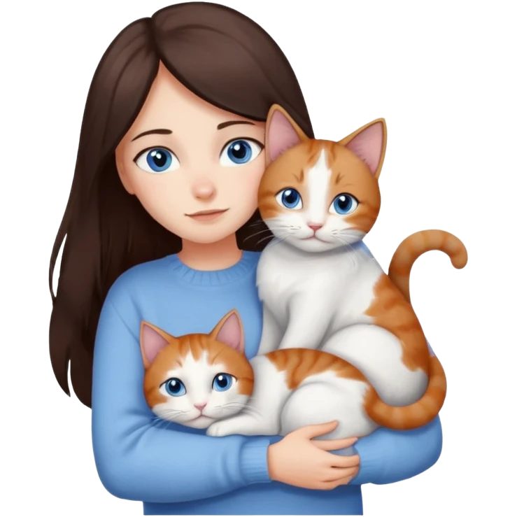 a girl with long dark 
brown hair, with blue eyes, in a
white sweater, hugs 3 different natural coloured cats emoji