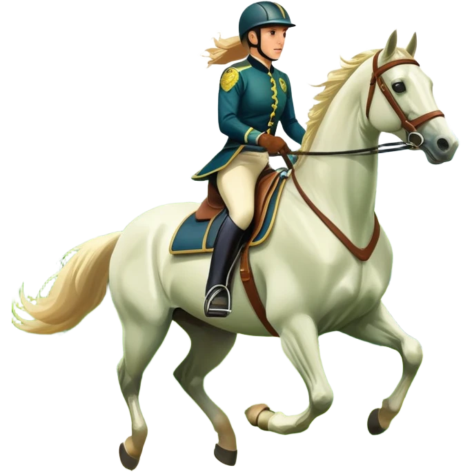 An icon featuring a horse and rider galloping gracefully over a lush green field. The rider is in full gear, guiding the horse with precision. The background shows rolling hills, a clear blue sky, and vibrant sunlight illuminating the scene. Transparent background highlights the elegance emoji