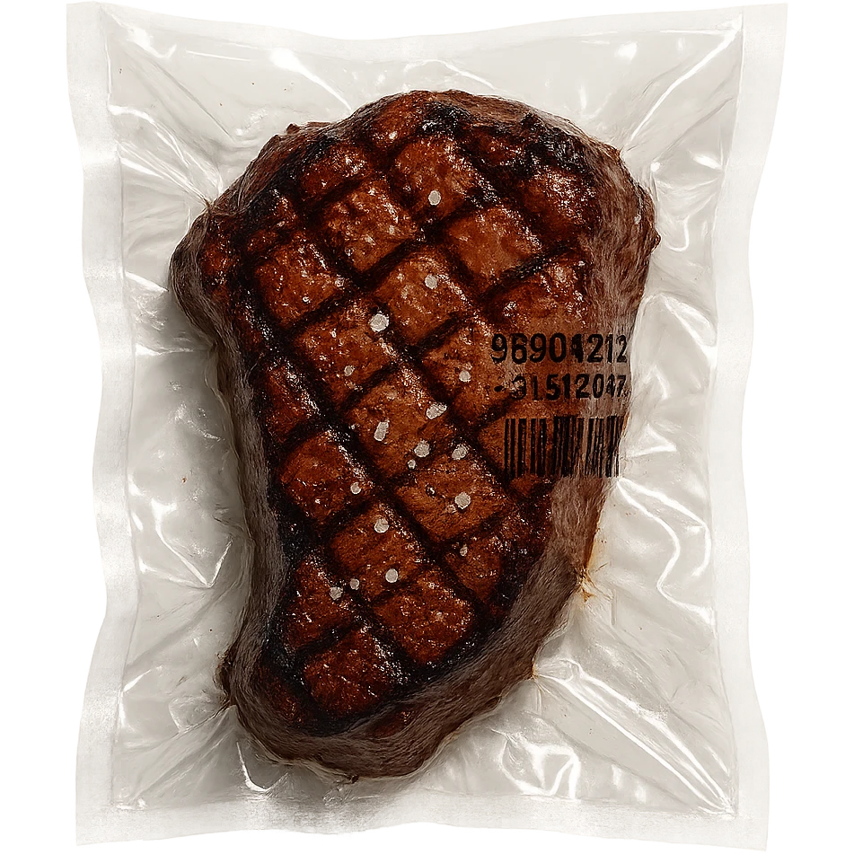grilled steak with scattered small sparkling crystals, glossy, vacuum-sealed style emoji