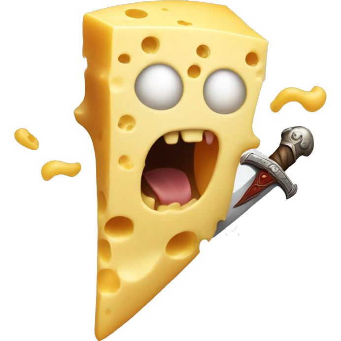 A ghost made of cheese attacking a boy with a sword made of meat emoji