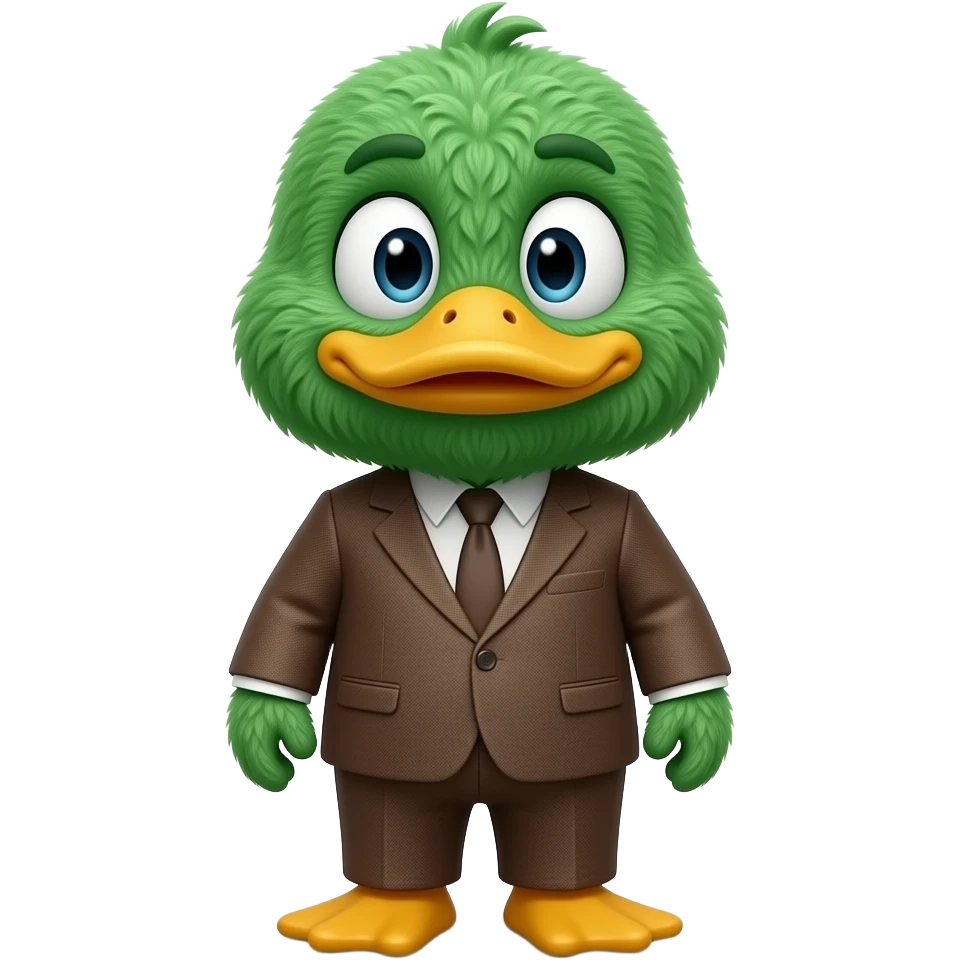 Duck from Don’t Hug Me I’m Scared, fluffy green puppet Duck character with a yellow beak, cartoon eyes, and wearing a brown suit emoji