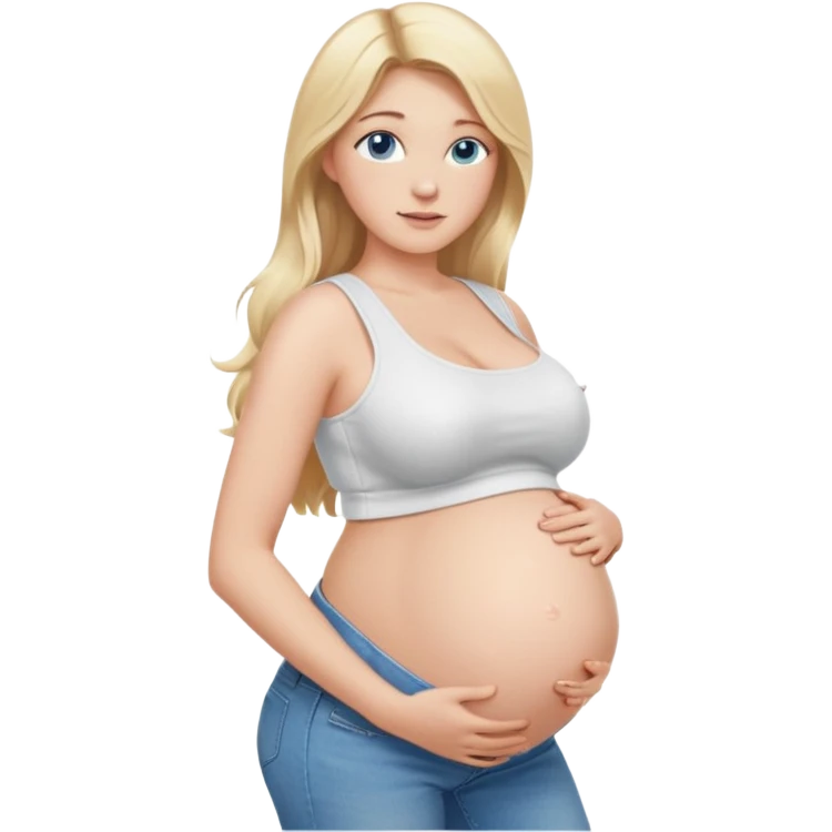 White girl, 18, long blonde hair, blue eyes, white crop top, jeans, huge pregnant belly, big boobs, side view, bare midriff. emoji