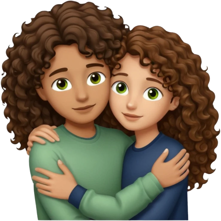 light brown skinned girl with long and dark brown wavy hair and brown eyes hugging and being loving with white boy with light brown and very curly short hair and green eyes  emoji