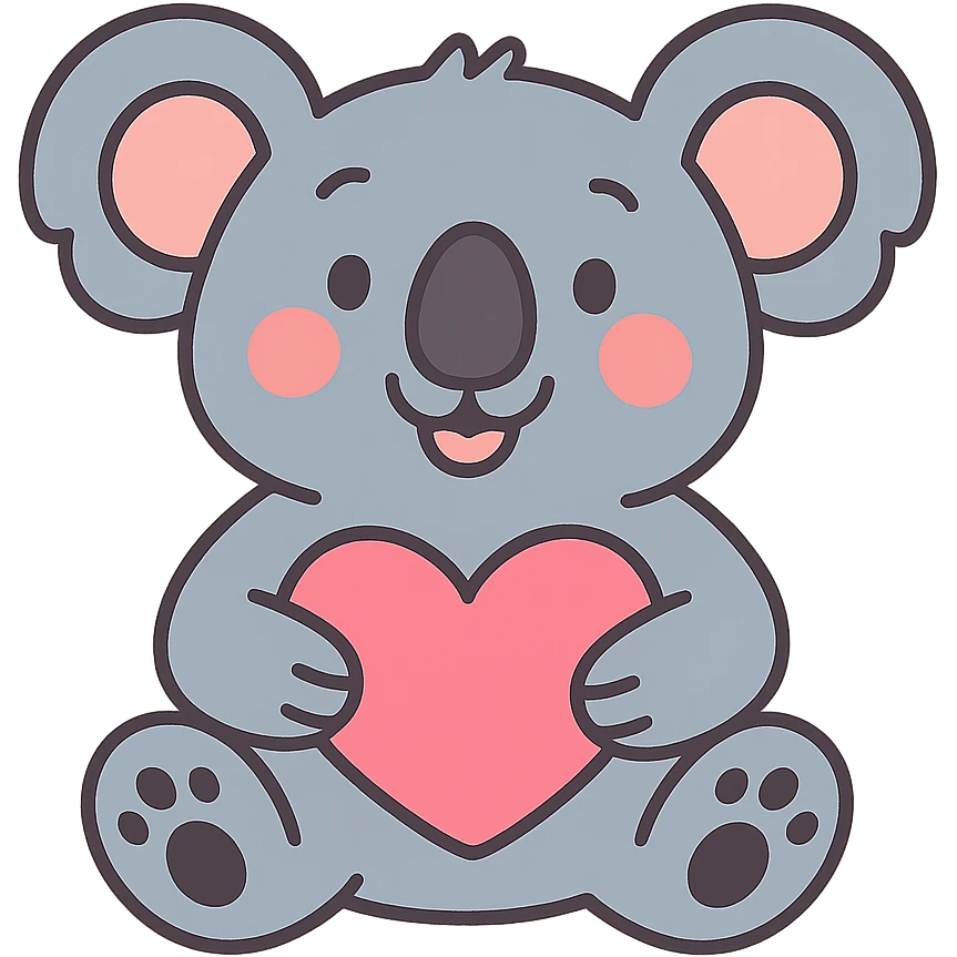 smiling cartoon koala sitting with a heart in its lap, pastel toon style emoji