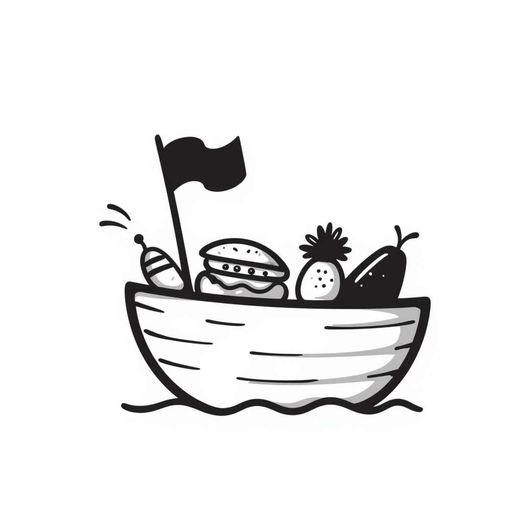 hand drawn doodle of a boat with food emoji