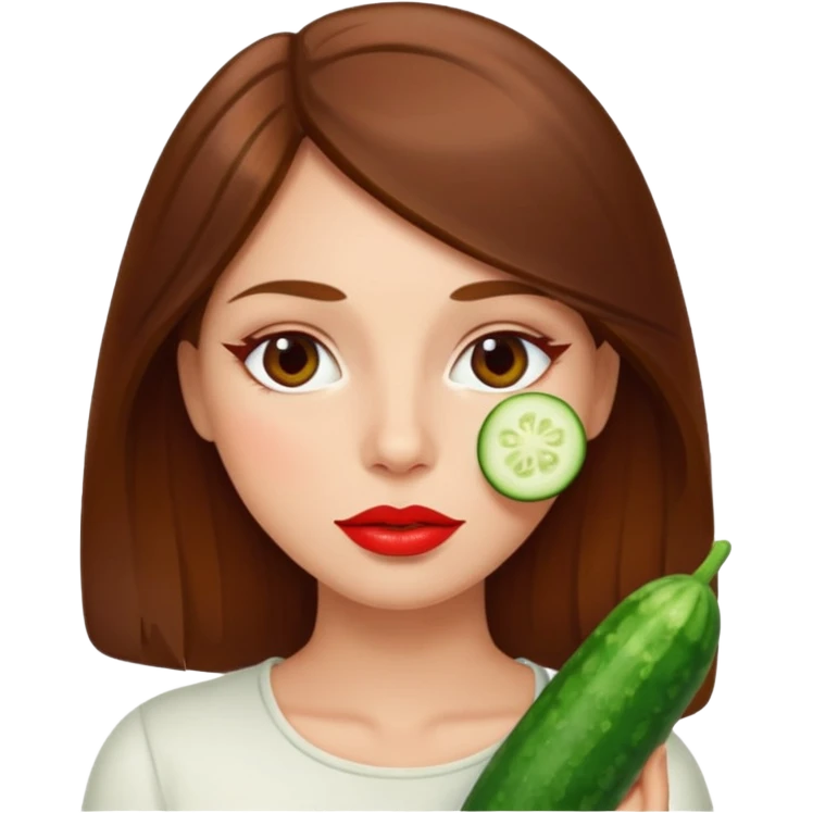 brownhaired woman with red lips and cucumber on eyes emoji