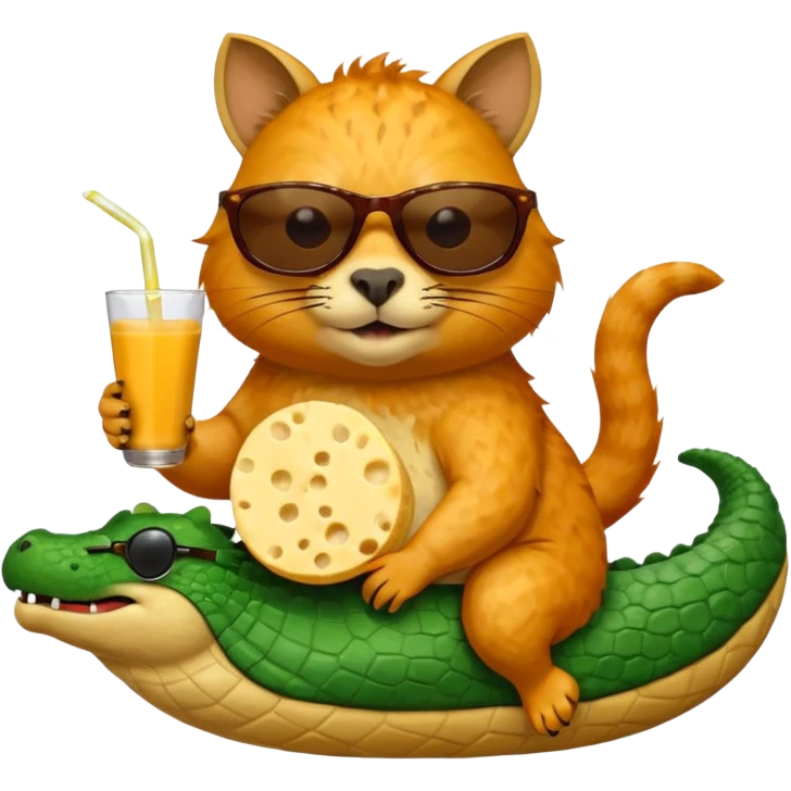 Cat with sun glasses eating cheese while riding a capybara which is also riding a crocodile eating chocolate and drinking milk emoji