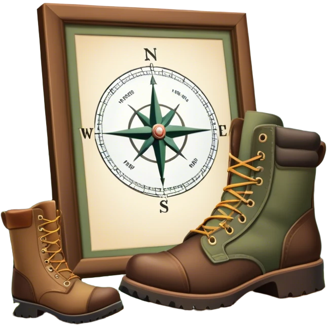 Icon for Hunting Tourism: a rifle, hunting boots, and a compass on a forest background, with a silhouette of wildlife in the distance. The icon should capture the adventure and connection with nature in hunting tourism. Transparent background. emoji