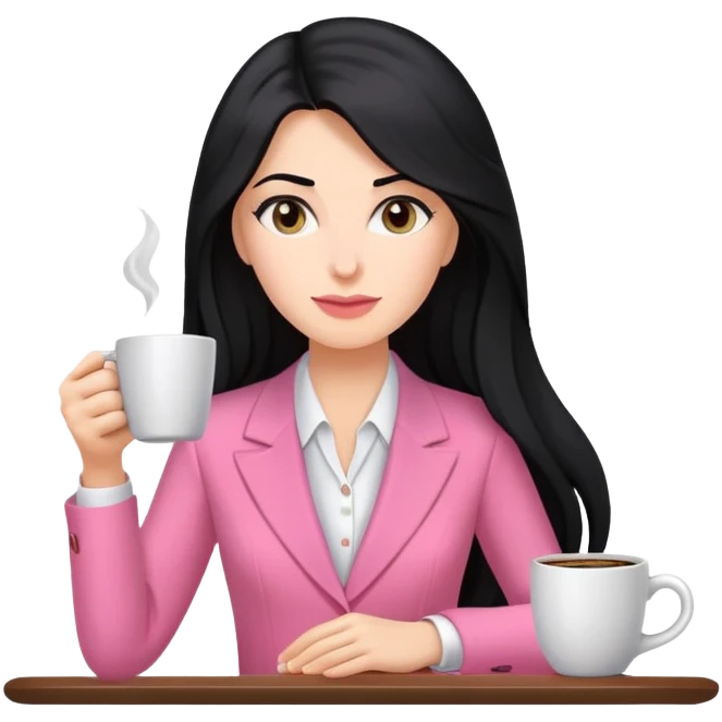 business dressing pink clothes woman  caucasian with a long black hair drinking coffee emoji
