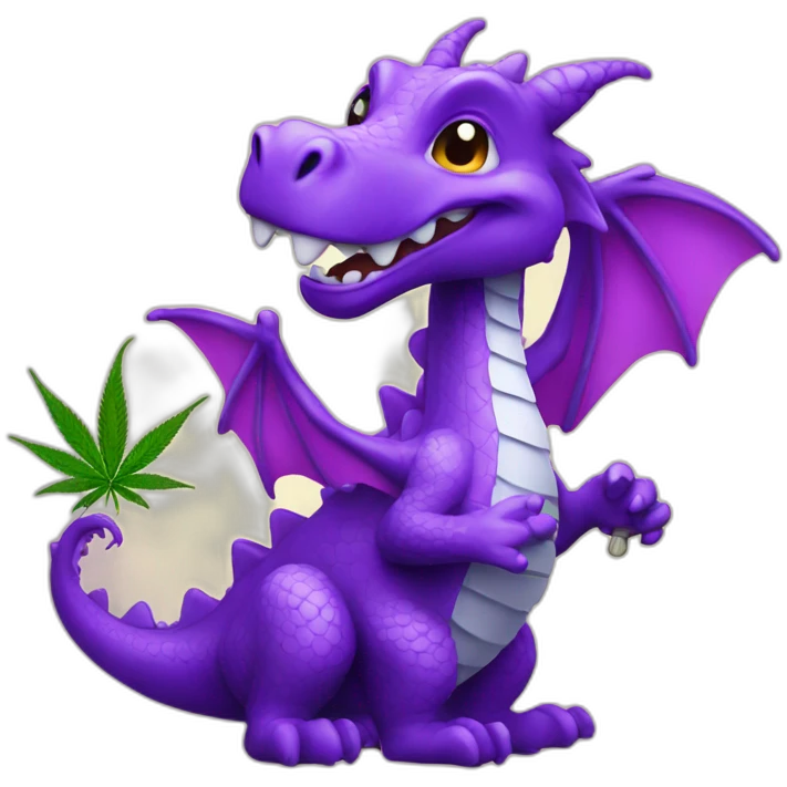 a happy purple dragon holding a cannabis flower emoji