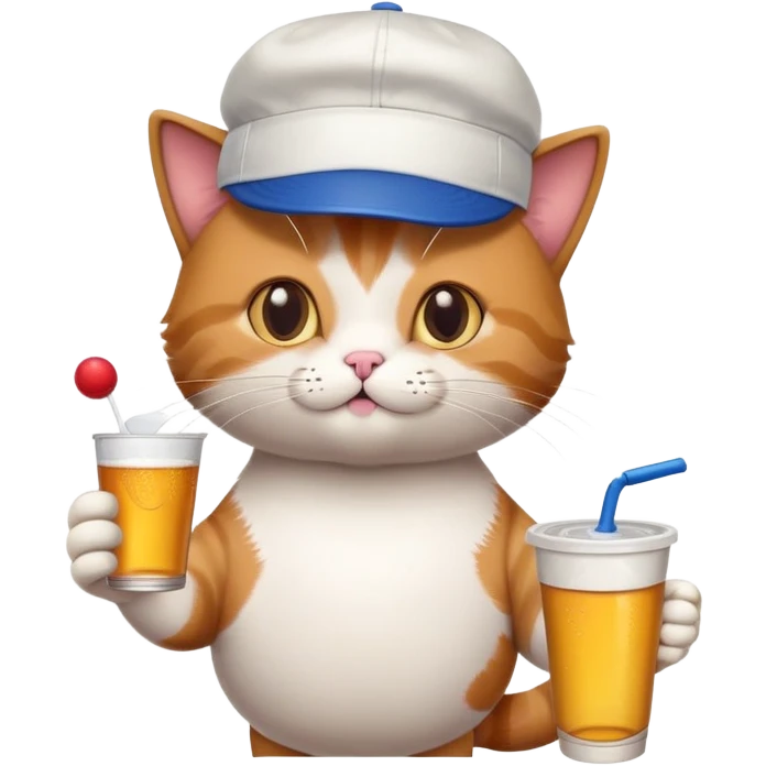 cat with a backwards cap, holding a ping pong ball and cup, beer pong college party emoji