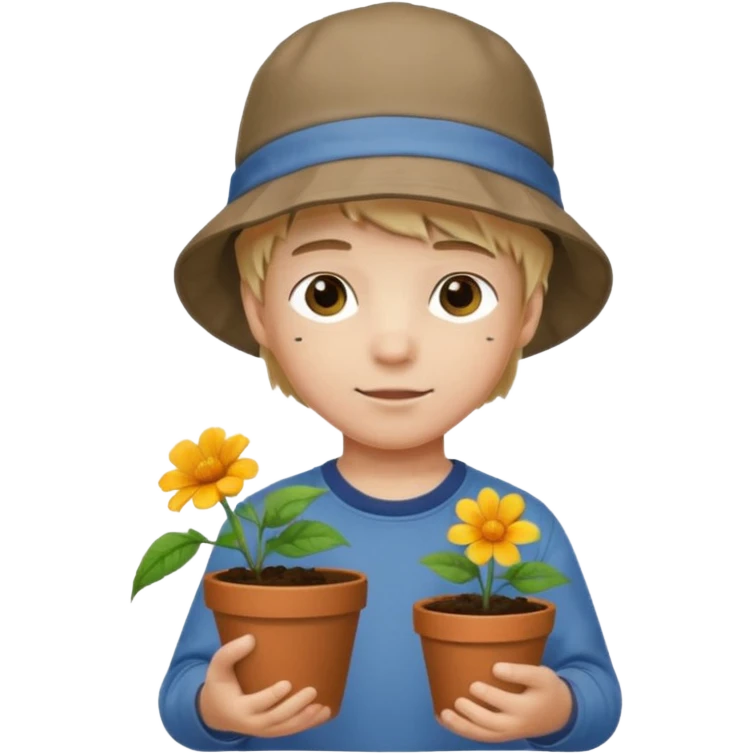 young boy wearing bucket hat, holding a flower pot emoji