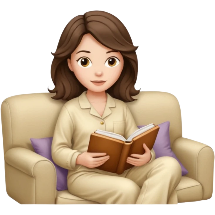 Woman with brunette hair reading on sofa. Soft wavy hair. Beige ivory pyjamas  emoji