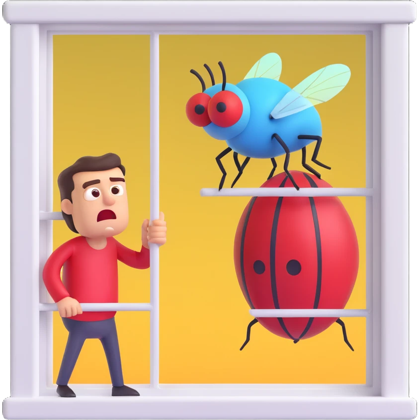 a fly on the window and angry man behind emoji