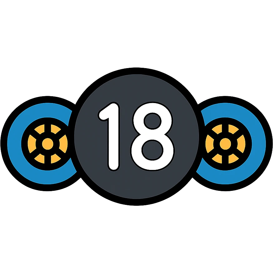 black circle with white 18, stylized with two semi truck wheels on the sides, modern icon look emoji