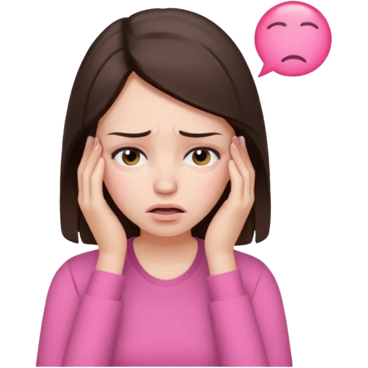 a female brunette with stress and headache wearing pink emoji
