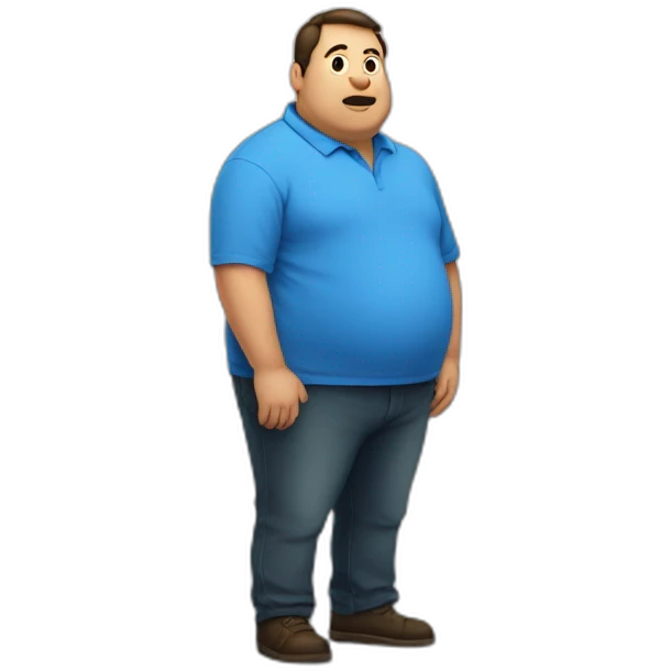 fat man in a blue shirt standing in front of a whiteboard emoji