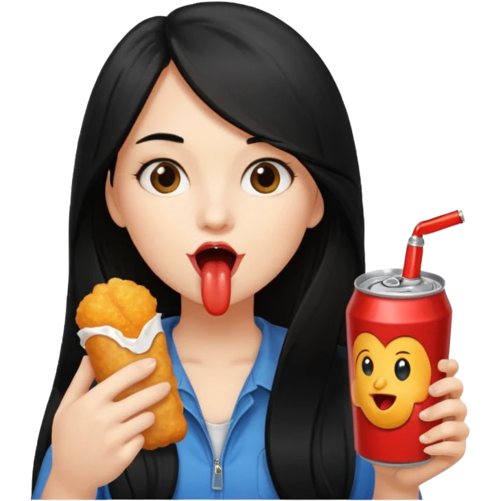 girl with long black hair eating with mouth on the chicken nugget and holding a soda can emoji