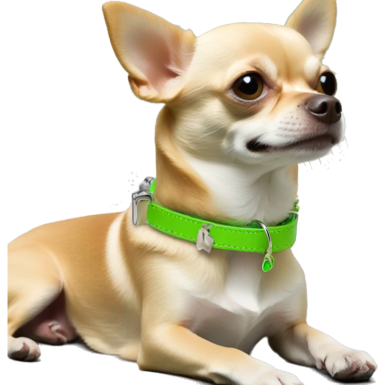 Tan chihuahua sitting with lime green collar with silver dog bone tag emoji