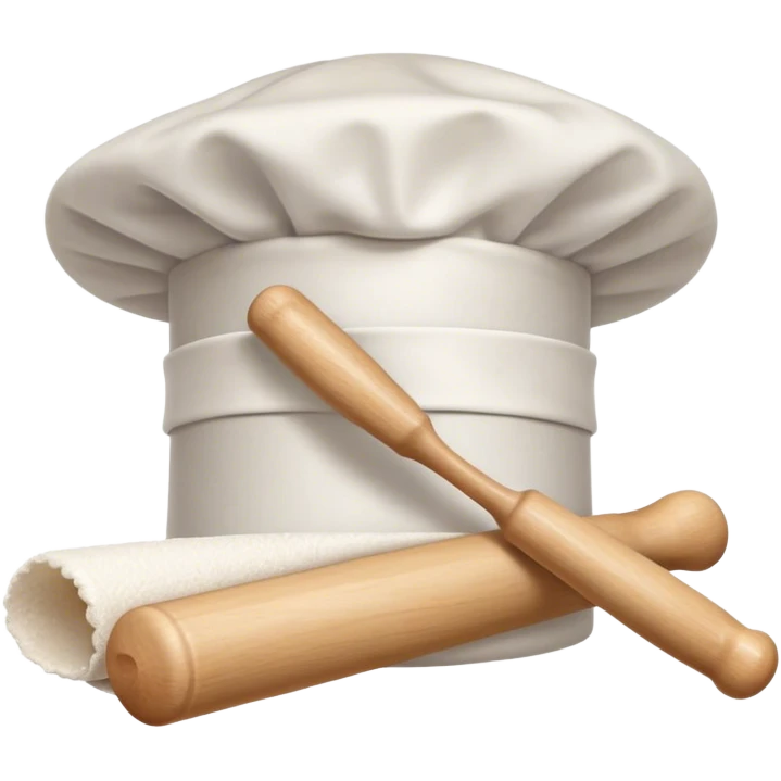 Cinematic Realistic Chef Hat & Rolling Pin, crisp white cotton hat with soft folds, resting beside a classic wooden rolling pin with smooth, polished curves, a light dusting of flour adding authenticity, warm kitchen lighting casting gentle shadows, glowing with a cozy and inviting charm. emoji